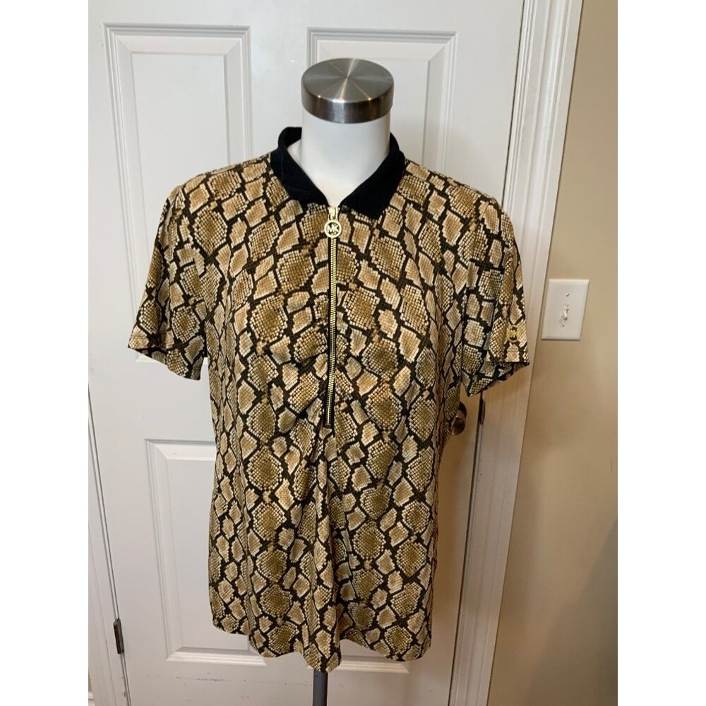 Michael Kors Brown Snakeskin 1/4 Zip Short Sleeve Polo Shirt, Size XL